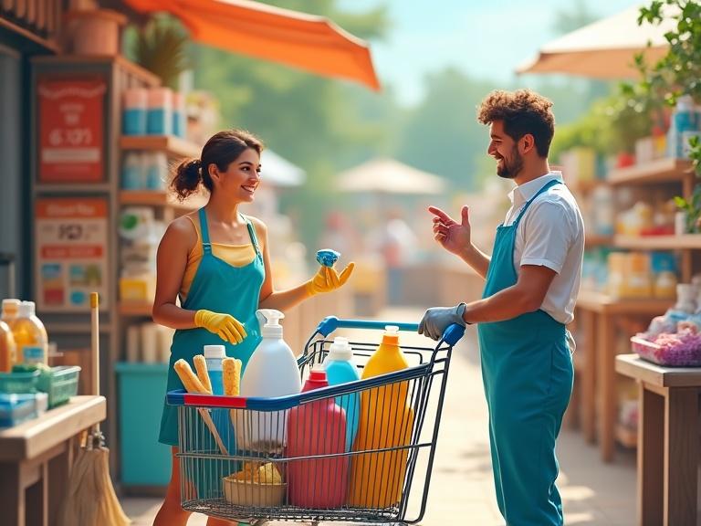 Depict a sunny day at a local market with a person pushing a shopping cart filled with cleaning supplies like bottles and sponges. The person compares two brands of cleaning spray while a cheerful vendor stands by. The surroundings include neatly organized stalls and shelves with bright price tags. A small receipt shows listed items and total cost, emphasizing a clean, vibrant atmosphere.