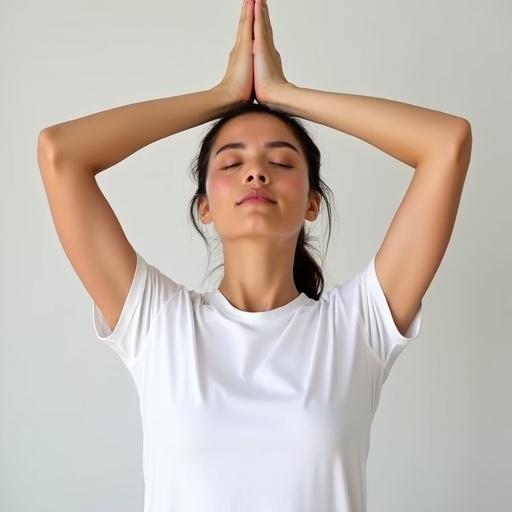 A woman practices Surya Namaskar pose. She wears a basic white t-shirt. The front of her shirt is visible. The background is unobtrusive to enhance focus on the pose.