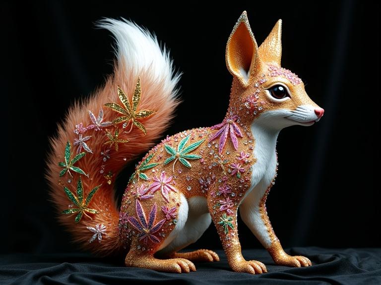 A hyperrealistic sculpture of a fox encrusted with crystals and cannabis leaf patterns. The fox stands playfully against a black velvet background. It is decorated with pink, green, gold, and violet gemstones that sparkle under studio lighting. The sculpture showcases surreal glamor and intricate details.