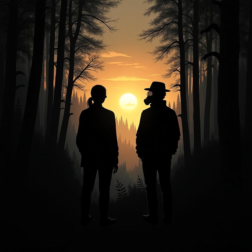 Dark forest at sunset with figures standing back to camera. One figure has a ponytail and the other has a gas mask and rimmed hat. Words below sun say 'The Forgotten Waters'.