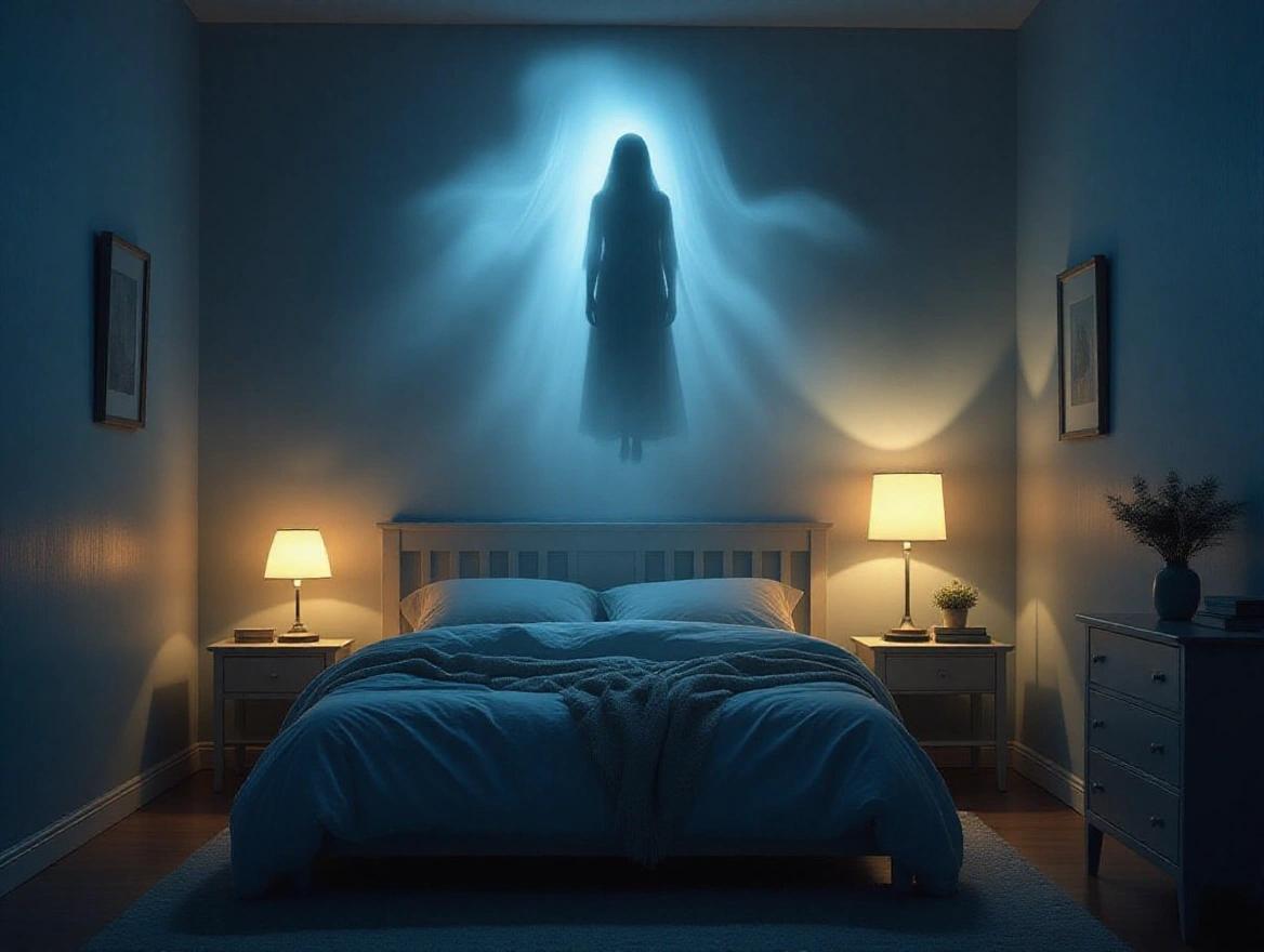 Surreal bedroom scene featuring a bed with a blurred figure floating above. Distorted perspective enhances dreamlike quality. Ethereal lighting creates mystery and calm.