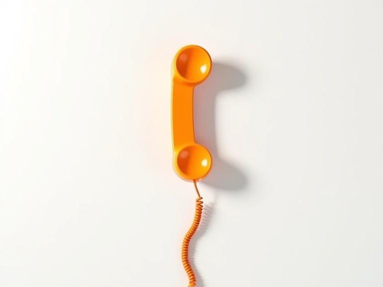 Minimalistic image of a bright orange telephone receiver on a clean white background. Only the receiver is visible. The main phone body is out of frame. The receiver casts soft shadows. A coiled cable extends from the bottom. The composition emphasizes negative space and subtle lighting.