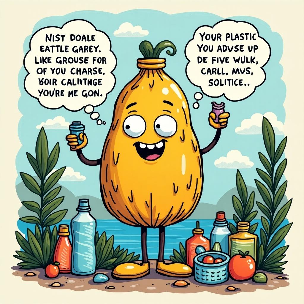 This image features a cheerful anthropomorphic character representing plastic. The character is depicted in a vibrant environment filled with plastic bottles and fruits, emphasizing the impact of plastic on nature. The character wears a friendly expression and holds two bottles, suggesting a conversation about recycling and environmental concerns. Surrounding plants and a beach hint at a coastal setting, adding to the environmental theme. Speech bubbles express playful and concerning messages about plastic use and recycling.