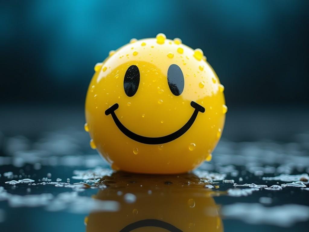 A realistic photo of a yellow smiley face ball with water droplets, beautifully lit and placed on a reflective wet surface, evoking happiness and positivity.