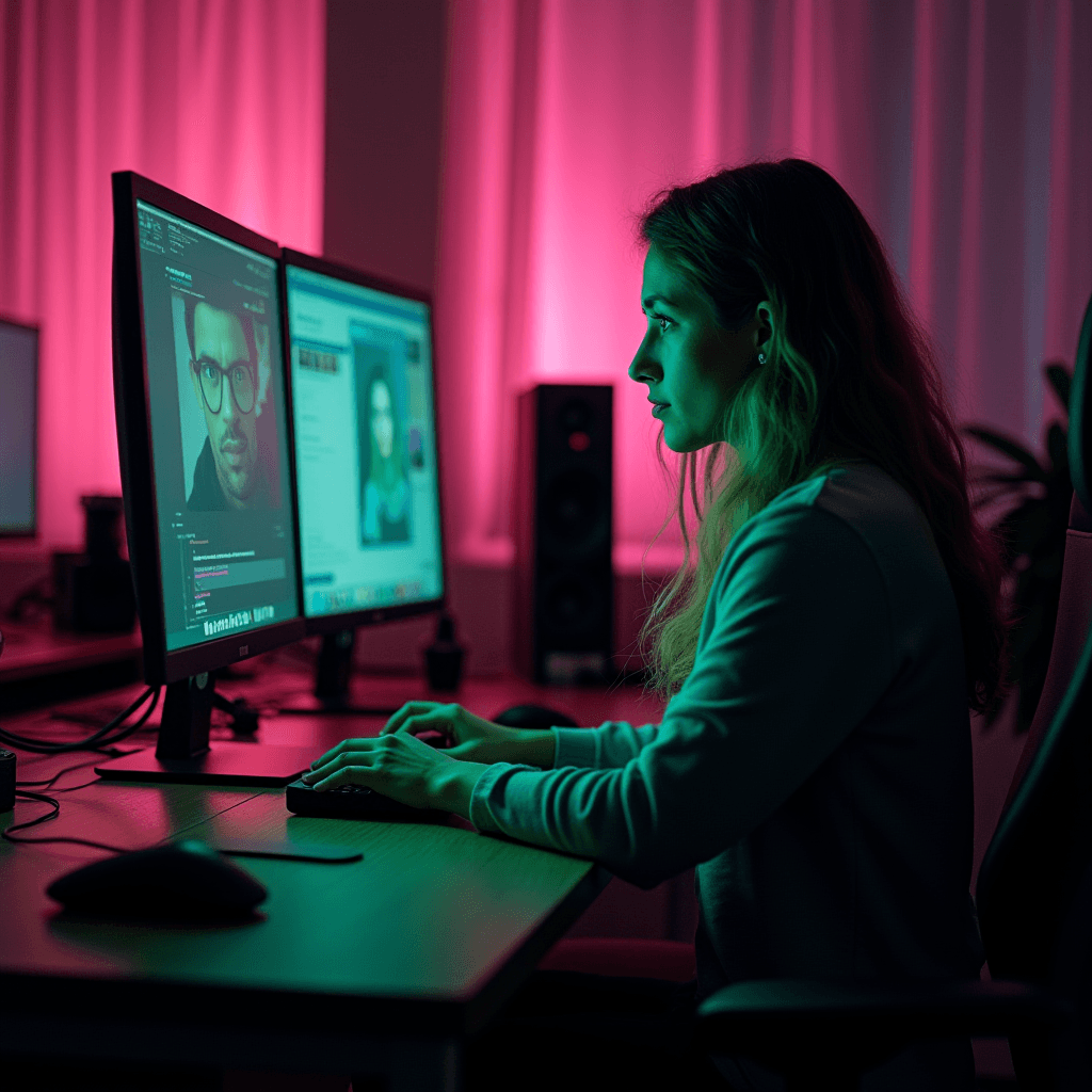 A woman in a dimly lit room is working on two computer monitors, surrounded by pink and green lighting.