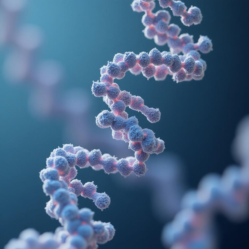 This image depicts a detailed model of a messenger RNA (mRNA) molecule, showcasing its single-strand structure. The mRNA is represented in vibrant colors that emphasize its intricate electrostatic features. The background features a soft gradient, enhancing the focus on the molecular strand. This artistic representation highlights the importance of mRNA in biological processes, particularly in protein synthesis. It is designed to captivate viewers interested in molecular biology and genetic research, making it suitable for educational and scientific purposes.