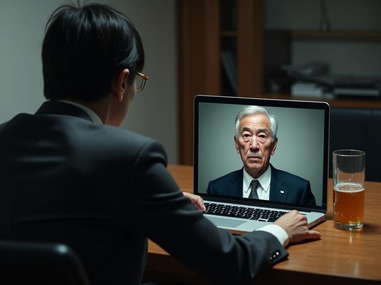 A Japanese woman in her 30s sits at her desk. She has beer on her clothing and looks shocked and humiliated. Her husband is seen from the back, sneering. The main focus is the laptop with a stern older Japanese man in a suit staring intensely at her. The laptop screen glows and illuminates the woman and casts shadows on her husband.