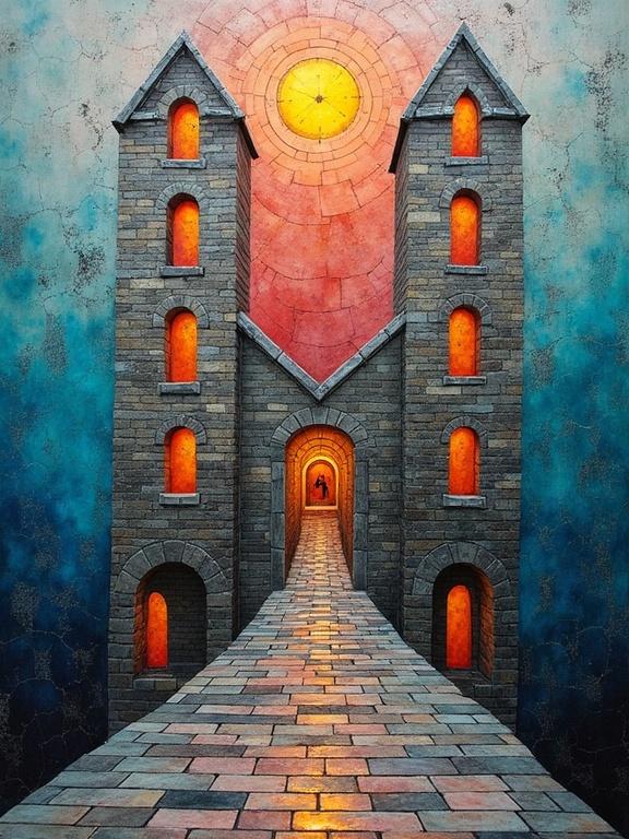Contradictory architecture combines industrial chrome with melting clay. Surreal avatars of unconscious life occupy the space. Color burn light creates optical illusions. Numerology glyphs intertwine throughout. Watercolor halos soften edges. Heavy textured impasto shows cracks.