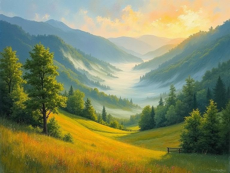 Impressionistic summer morning landscape features vibrant valley with mist over treetops and dappled sunrise light. The painting showcases thick paint texture with blurred forms indicating movement. Complementary colors create harmony in plein air style.
