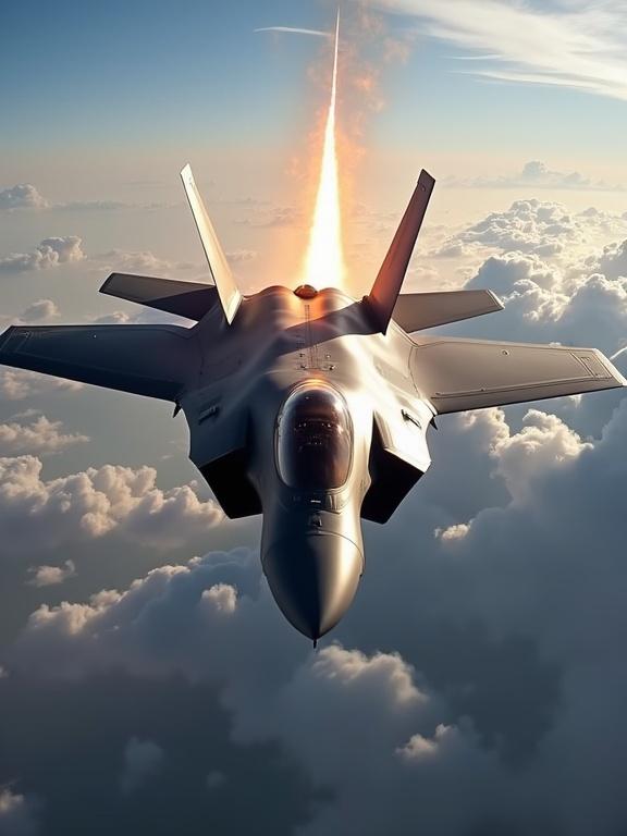 Aerial view of an F-35 jet in the sky. The jet is hit by a rocket, creating a trail of flames. The background features clouds and a blue sky.