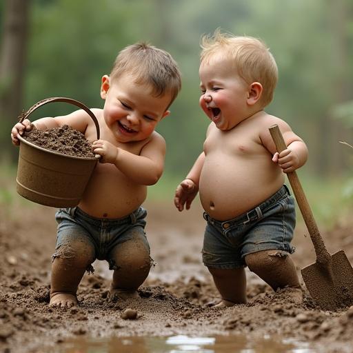 Two young boys in shorts. One boy digs a hole with a shovel. The other boy carries a bucket of dirt. They smile and laugh while playing in the mud.
