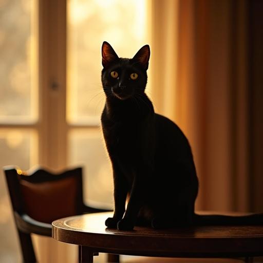 A black cat sitting on a table. The setting is illuminated by soft golden hour light. The style reflects art deco aesthetics.