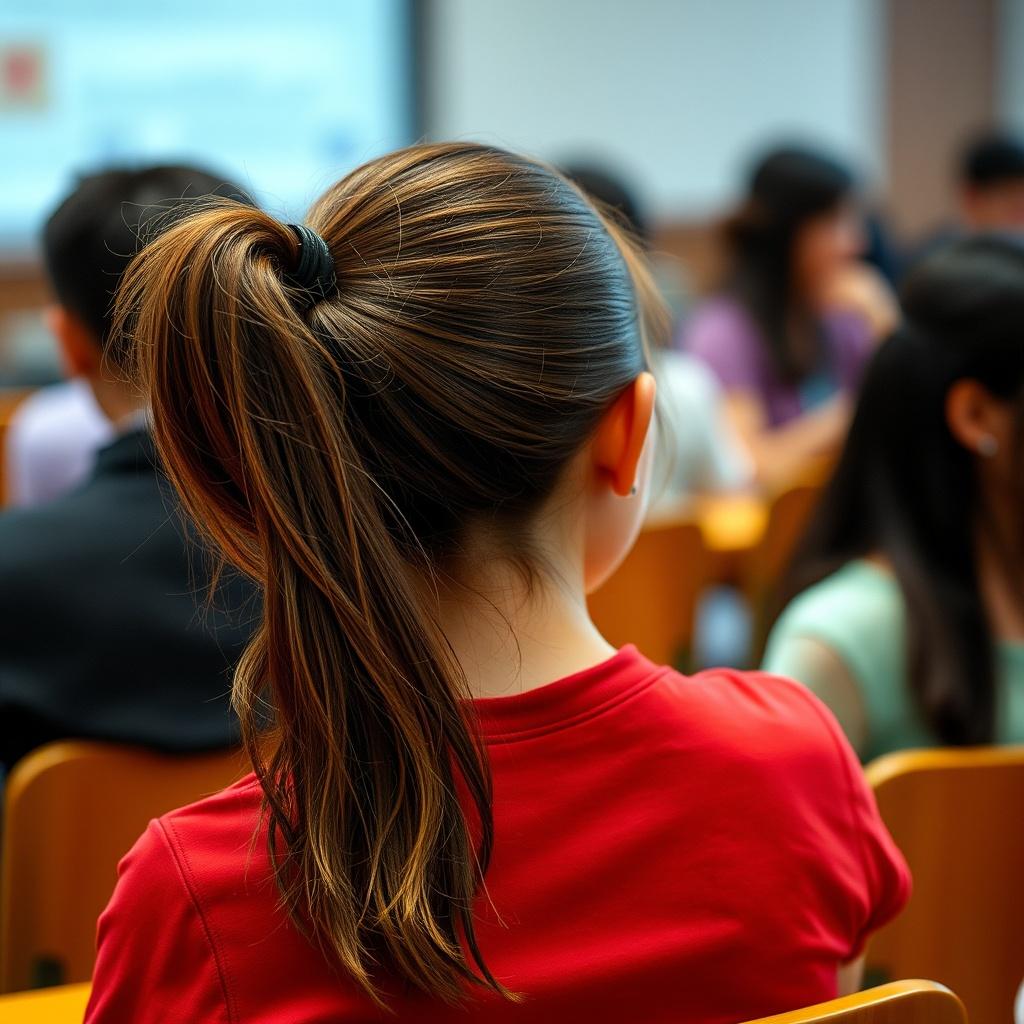 A person with a ponytail wearing a red shirt, sitting attentively in a classroom setting.