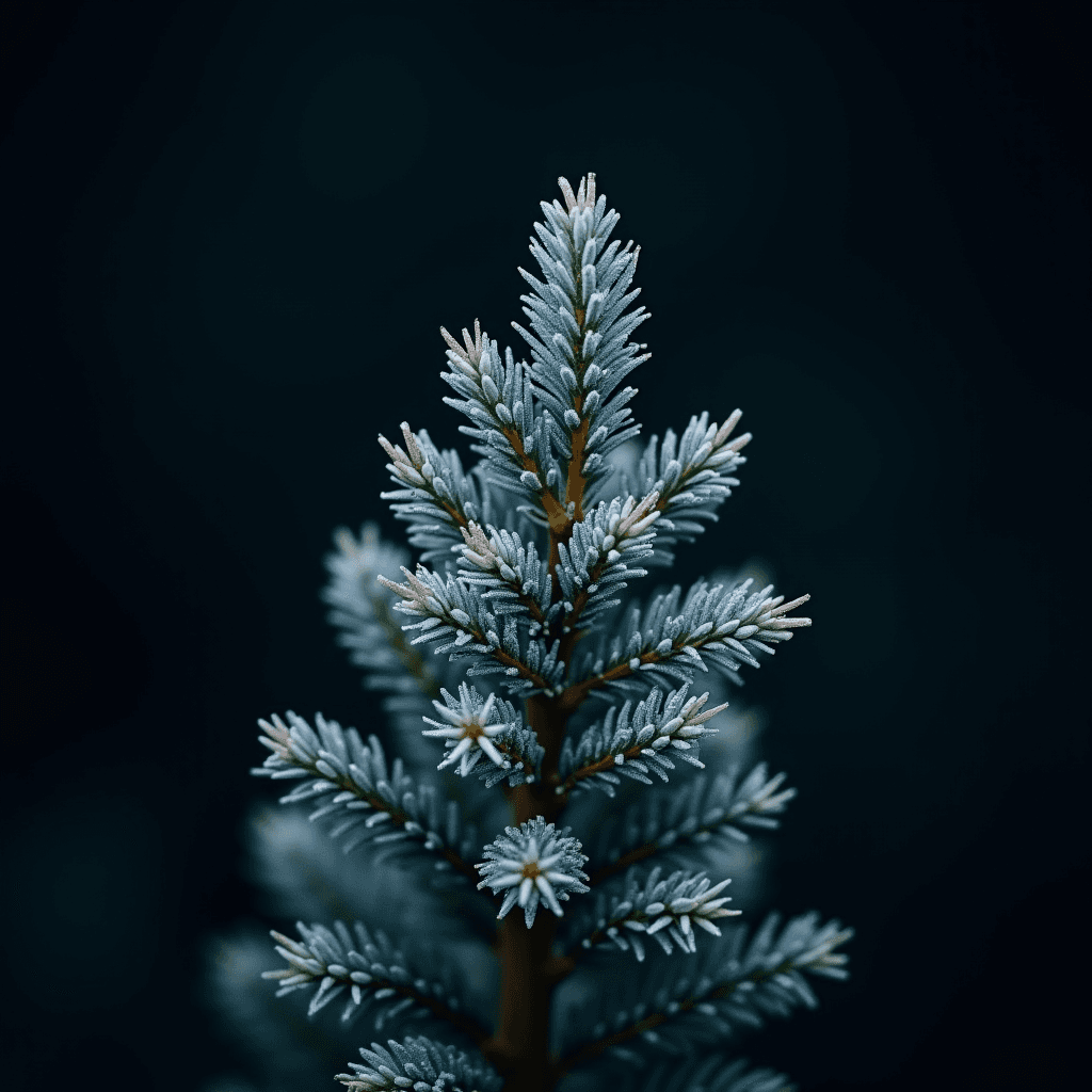 A close-up of a frost-covered evergreen branch set against a dark background, showcasing intricate, icy patterns on the needles.