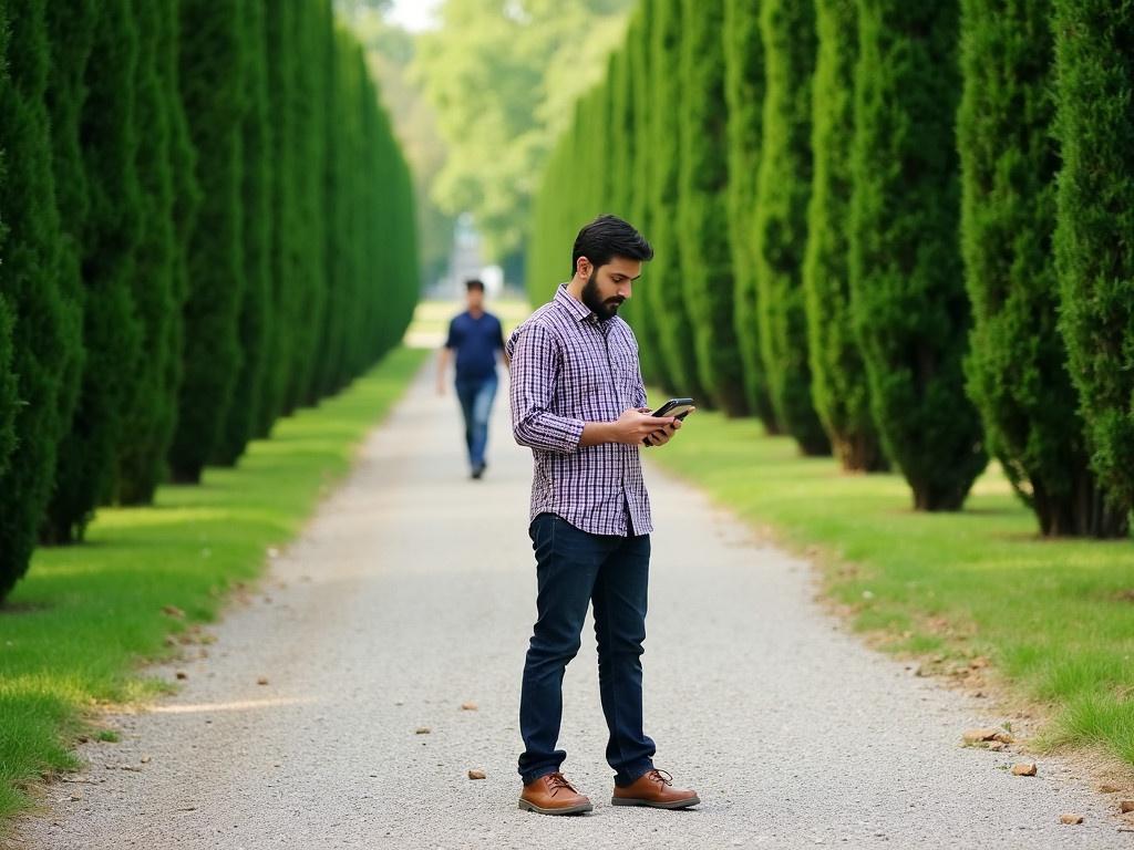 The image depicts a person standing on a gravel path lined by tall green trees. The individual is facing away, looking down at something in their hands, possibly a phone. They are wearing a checked shirt and dark jeans, with brown shoes. The background features more greenery, creating a serene atmosphere. Another person can be seen walking in the distance along the path. The lighting suggests it’s a bright, pleasant day.