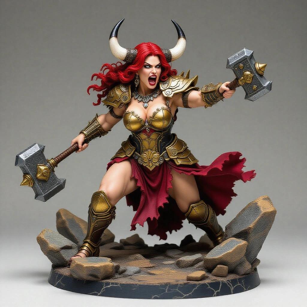 Resin figure depicts a strong woman with defined body and fair skin. She has a fierce expression and dynamic pose. One leg is forward, arms raised, and a large war mace strikes the ground. She wears bull horns, golden armor, and a torn red dress. The base is rocky with cracks. The style is mythological and wild.