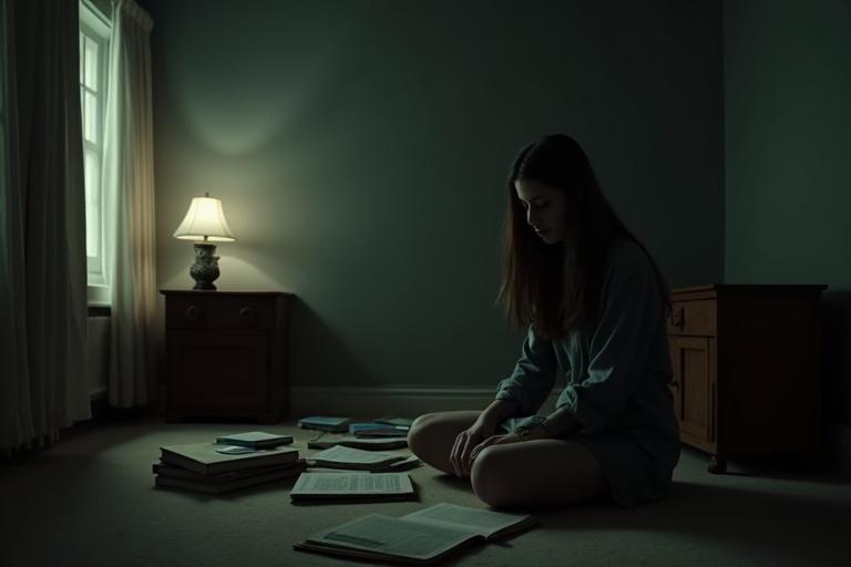 A quiet room with muted tones. A young woman sits on the floor surrounded by books. She appears downcast. The room is dimly lit by a single lamp. A sense of melancholy is present.