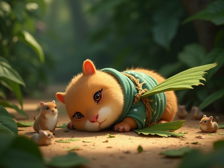 An adorable capybara lies in a jungle clearing. She has golden-brown fur and big hazel eyes filled with tears. The animal wears a light teal scarf that is dirty and torn. Her wings, made from banana leaves, are destroyed and scattered. Small jungle animals surround her, showing sympathy. The atmosphere feels heavy and emotional with muted light.