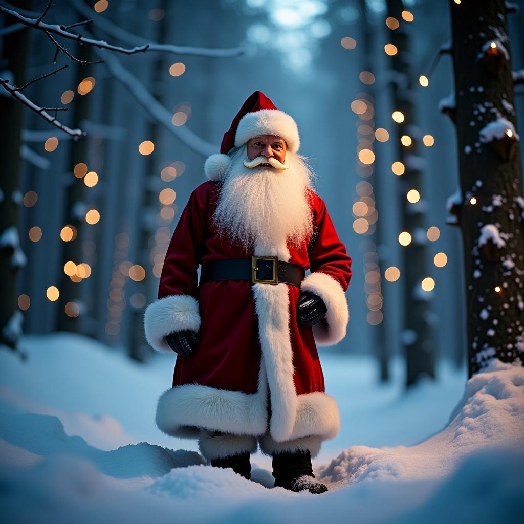 Magical Santa Claus figure standing in a snow-covered forest surrounded by glowing lights