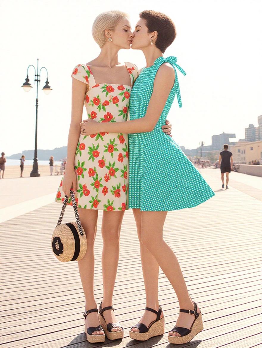 Women wearing mini summer dresses standing on a beach boardwalk. One dress has floral print. The other has a polka dot pattern. Both women have short hair. They are wearing platform heeled sandals. Image captures full body view in bright sunlight.