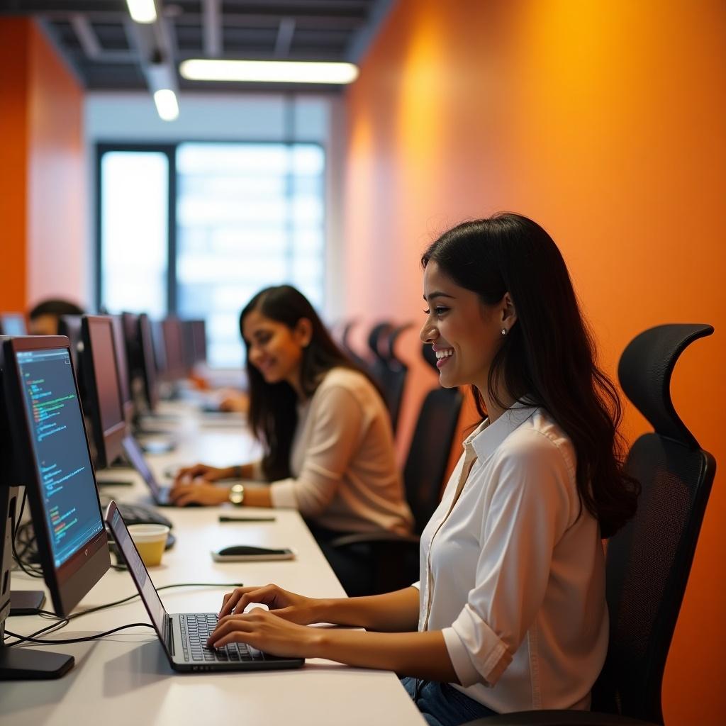 Office setting with orange and white interiors. Two 25 year old women smiling while working at desks. Laptops displaying code on screens. Bright lighting and modern furniture.