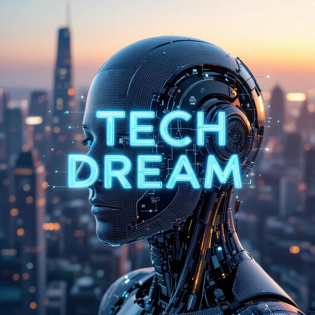 Futuristic robotic head with glowing text. City skyline in background. Emphasis on technology and dreams.