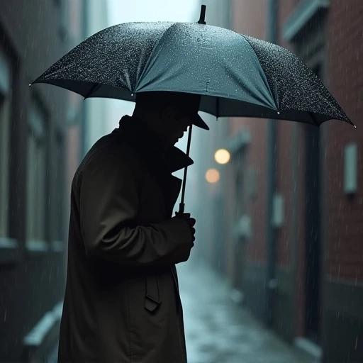Detective wearing a trench coat. Rain pouring in an alley. Holding an umbrella. Umbrella concealing a clue.