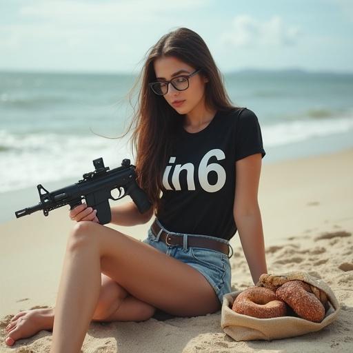 Brunette girl sitting on a beach. She is wearing spectacles and a shirt with 'in6'. Holding a machine gun. Bag of bagels on the ground.