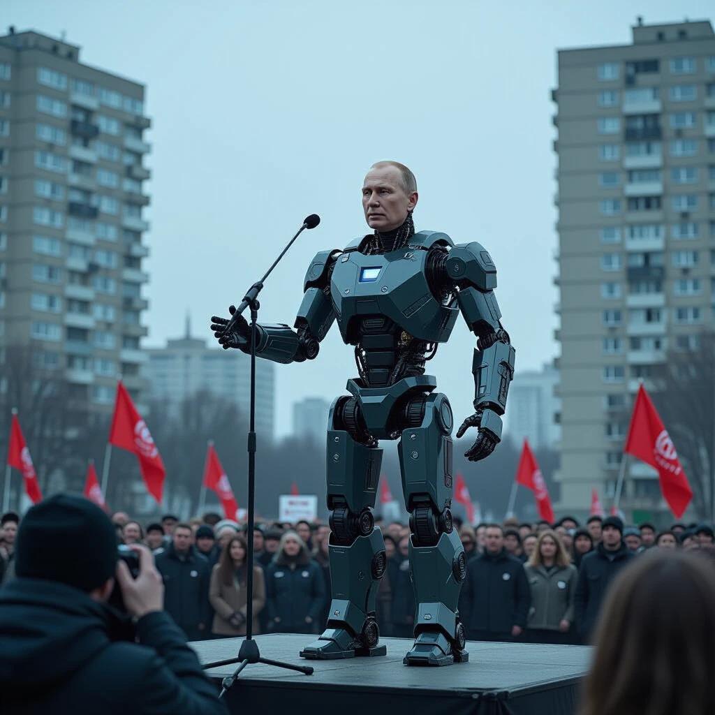 Cinematic photographic image of a robot cyborg giving a speech. Crowd of protesters nearby. Red flags are visible. High-rise buildings in background. Gray colors dominate, emphasizing red.