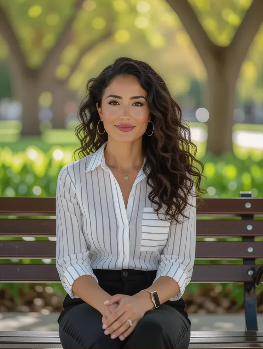 Photo depicts a 35-year-old Mexican woman seated on a park bench. She has light skin and dark curly hair. The woman wears a striped shirt and wide-leg pants. She holds a book or phone and sits with a straight posture. The background features trees and greenery with dappled sunlight.