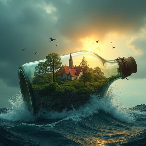 A vibrant island landscape inside an old glass bottle. The scene includes lush greenery, red-roofed houses, and a church spire. Birds fly around in the bottle. The sky is partly cloudy and illuminated by warm sunlight. The corked bottle is old and floats on a dark, turbulent sea with large waves.
