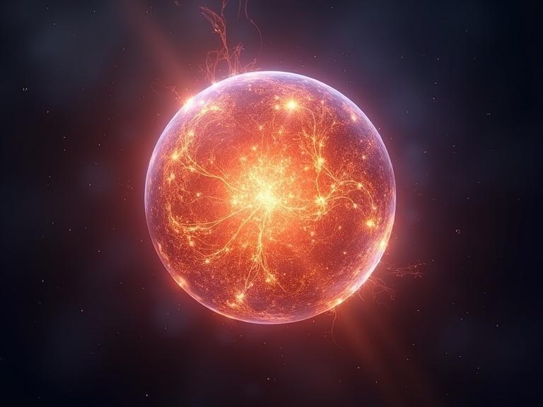 A glowing energy ball with vibrant colors and intricate details. It appears round and radiates light. Background is dark to emphasize the glow.