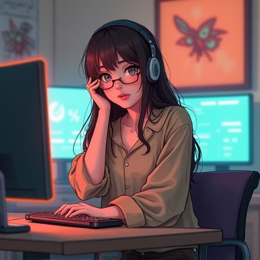 Cute egirl seated at her desk with headphones on. Character has long hair and glasses. Surrounded by computer screens and warm ambient lighting.