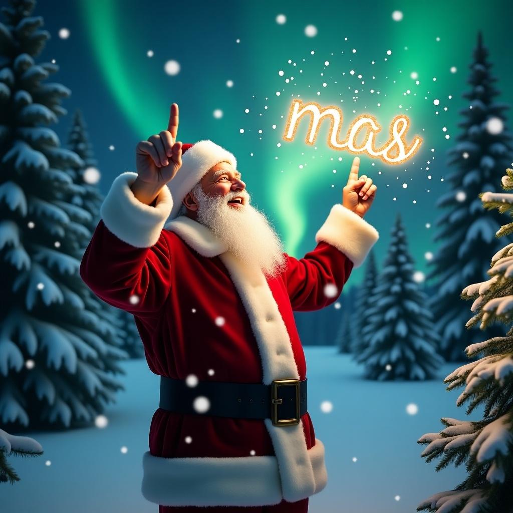 A joyful scene capturing the spirit of Christmas. At the center, Santa Claus points upward in his red suit. He is creating the letters 'ΣΧmas' with a sparkling wand. Snowflakes gently fall around him. The background features enchanting northern lights illuminating the wintry landscape.