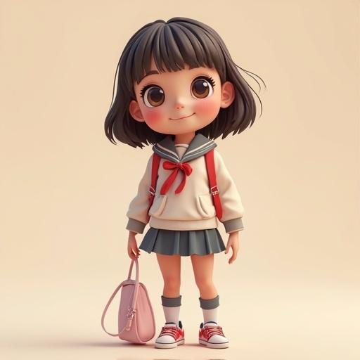 A cute schoolgirl character wearing a mini skirt and school uniform. The character is 3D styled, with short hair and a friendly expression. The outfit includes a white jacket with red accents and a gray skirt. She has a small pink bag and sneakers.
