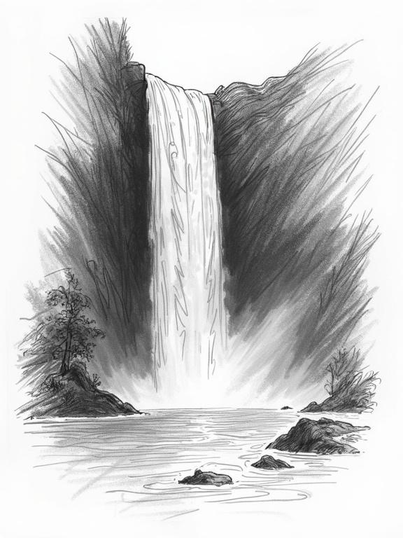 detailed black line drawing of a waterfall on a white background