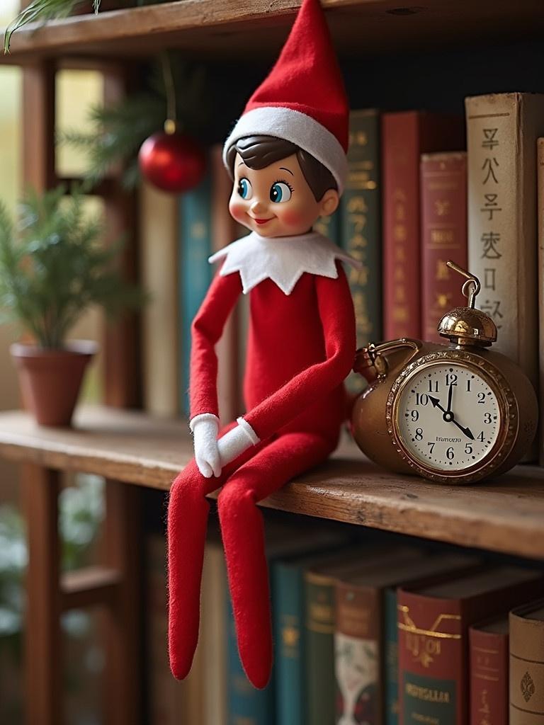 Elf doll wearing red outfit with white accents on a wooden shelf surrounded by books and a clock. Christmas decorations in the background. Cozy atmosphere created by soft lighting.