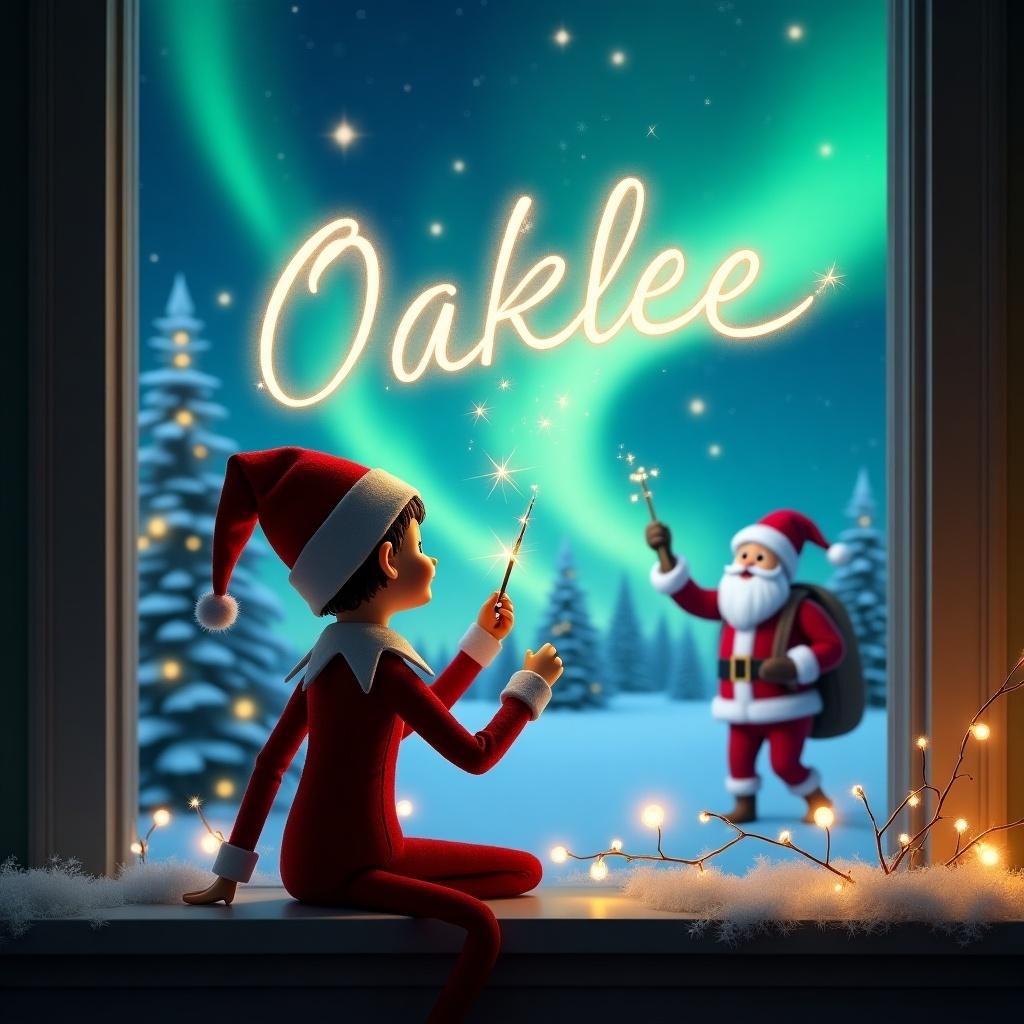 An elf on the shelf sits at a window with his back to the viewer, gazing at the enchanting night sky. He holds a magic wand, gracefully writing the name 'Oaklee' in sparkling lights above. Behind him, Santa Claus is seen in a winter landscape filled with snow-covered trees and shimmering northern lights. The atmosphere is whimsical and festive, capturing the magic of Christmas. Soft lights adorn the window sill, enhancing the delightful scene and celebrating holiday cheer.