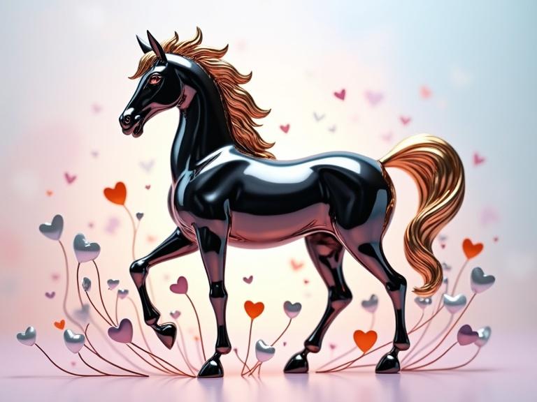 A sleek metallic horse stands proud. The horse has crafted elements of black, white, orange, gold, and silver. Gold parts are warm and lustrous. Silver gives a shimmering sheen. Hearts in silver, orange, pink, and gold surround the horse. Hearts vary in size and orientation. The background has pastel colors blue, pink, and lilac. This gives depth and complements the metalwork. Themes of love and joy are evoked. The image is inspired by Japanese Manga and Fantia with watercolor texture.