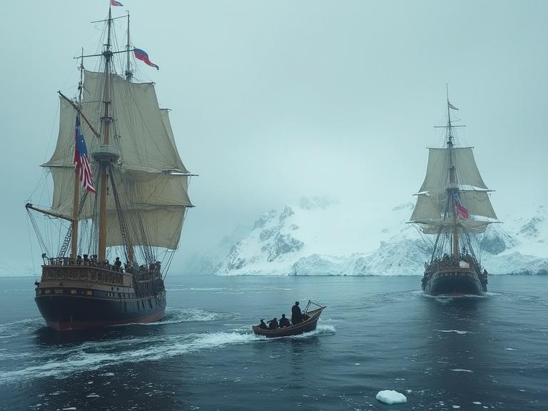 A historical scene depicting early 19th-century explorers discovering Antarctica. Wooden sailing ships navigate through icy waters. Explorers wearing thick naval coats spot land using telescopes. Flags from Russia, Britain, and France are visible on the ships. A snow-covered coastline emerges through the mist. The style is reminiscent of historical paintings with a dramatic atmosphere.