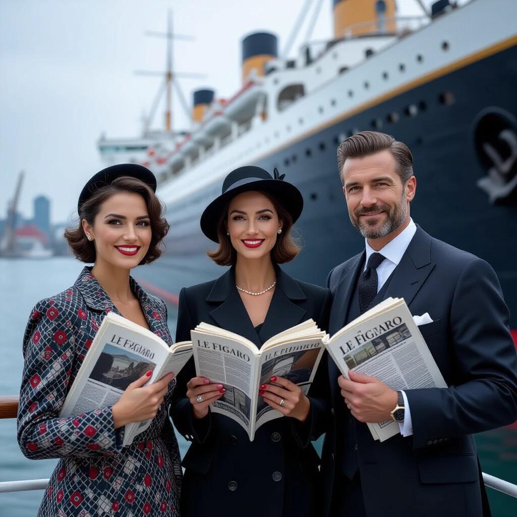 Archive photograph capturing a group of people on a luxury cruise deck. Scene features three elegantly dressed individuals holding Le Figaro newspapers. Background shows the ocean and the SS Île de France ship in Art Deco style. High-resolution image taken with Hasselblad H6D-00c camera.