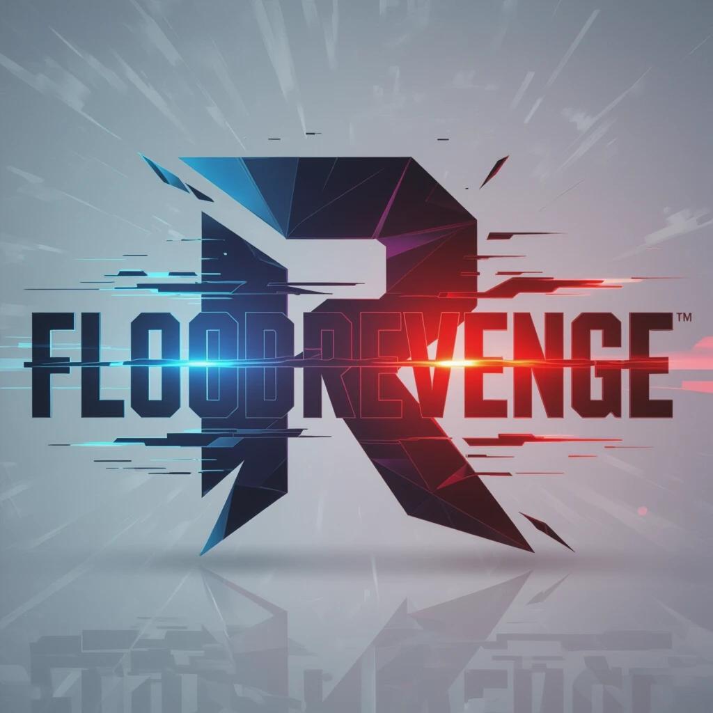 Bold futuristic game title logo with 'FLOODREVENGE'. Geometric sans-serif typography features elongated letterforms. Letter 'R' has gradient from blue to red. Other letters solid dark gray or black. Glitch effects and digital noise textures included. 3D depth with soft shadows for vibrancy and dimensionality. High-tech cyberpunk vibe present.
