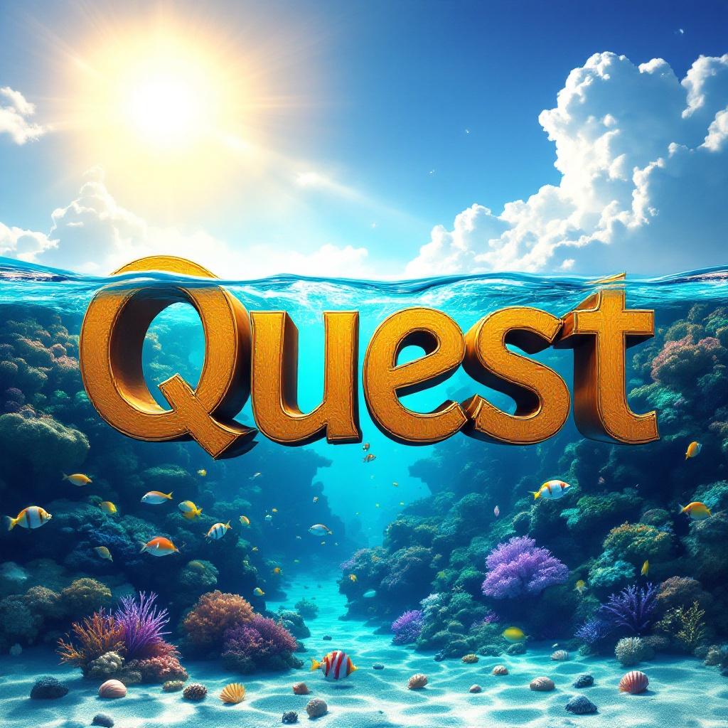 Vibrant visual scene with the word Quest rising from crystal-clear Caribbean waters. Letters crafted from wood in sparkling turquoise. Lively underwater paradise with colorful fish and sun-kissed coral reefs. Sun above casting shimmering rays. Gentle waves lapping against sandy shoreline with seashells. Quest symbolizes adventure in a beautiful island setting.