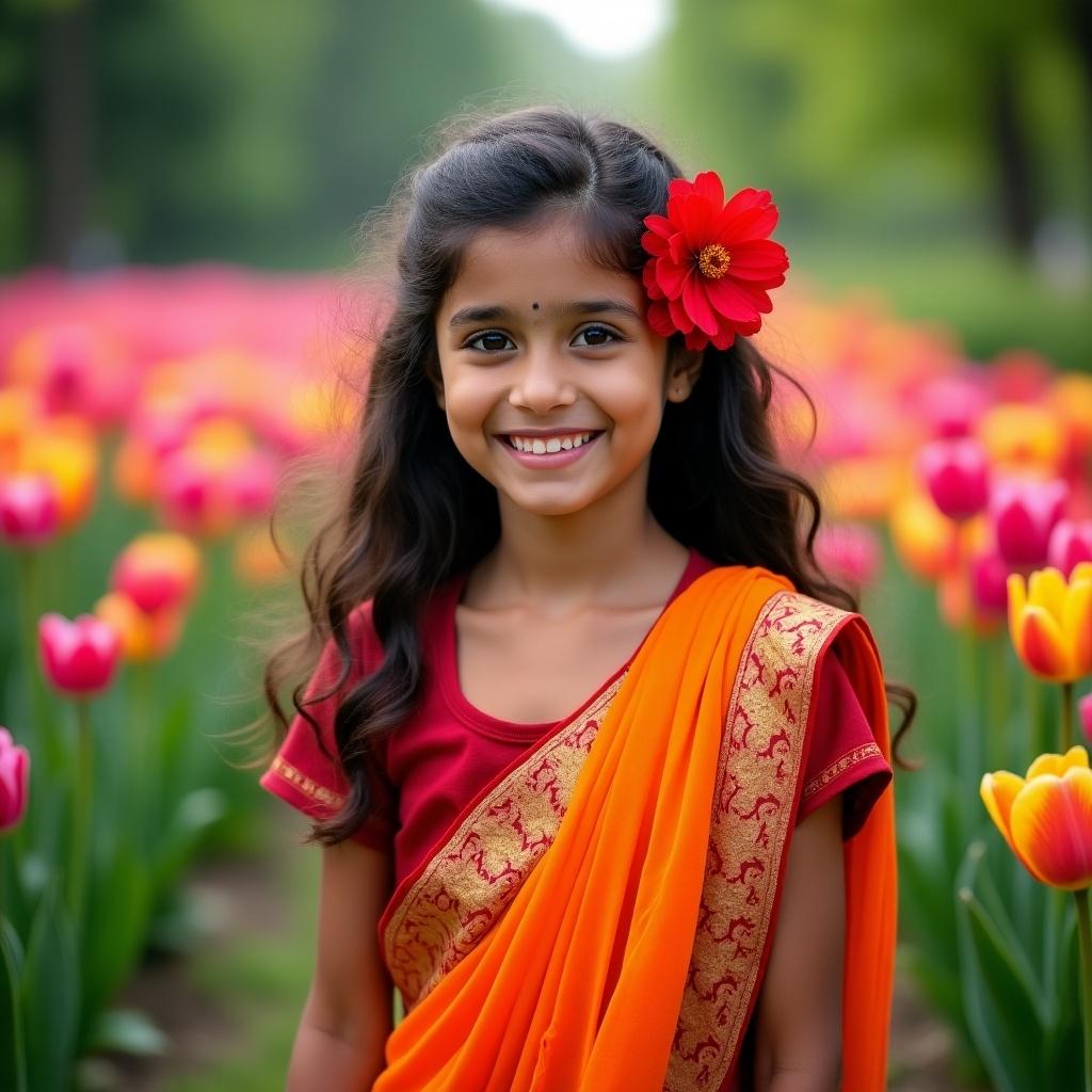 The image depicts a young girl from India, around 15 years old, wearing a vibrant traditional outfit that combines bright orange and deep red colors. She stands in a lush garden filled with blooming flowers, radiating joy and innocence. The girl's hairstyle includes loose waves complemented by a bright red flower, enhancing her cheerful expression. Behind her, a backdrop of greenery and colorful tulips creates a picturesque setting. This scene captures the essence of cultural heritage and celebration in India, making it suitable for various festive and marketing contexts.