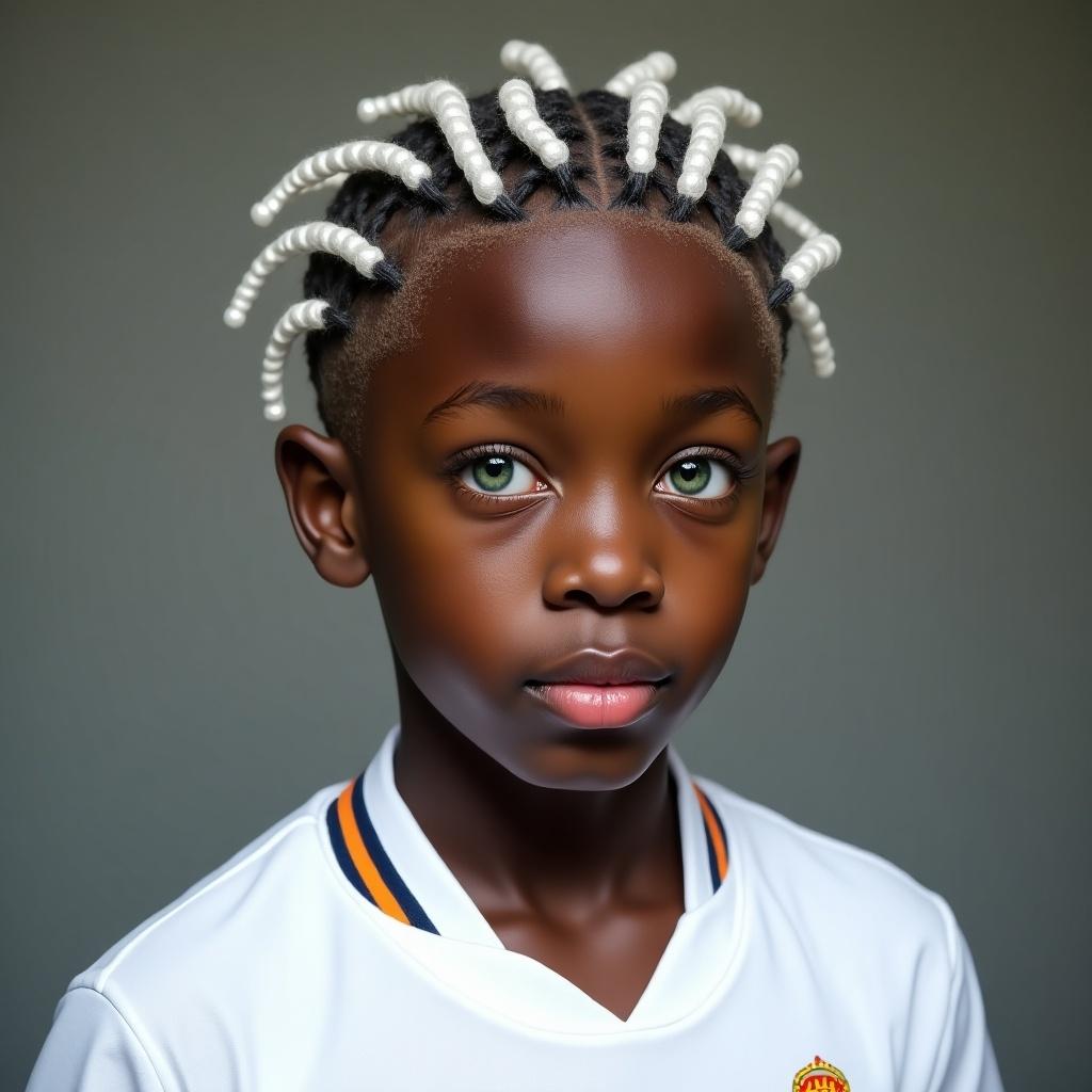 Photo realistic teenage boy with unique hairstyle. Braids with dyed silver tips. Wearing Real Madrid jersey. Focus on youthful charm.