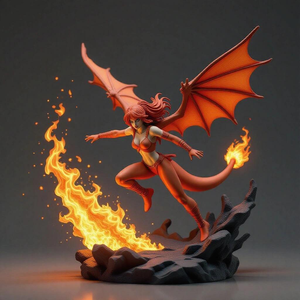 Female figure inspired by Charizard designed for 3D printing in resin. Aerial attack pose with extended leg and twisted torso. One arm releases flame, hair whips back. Spread wings at aggressive angle, flame-covered tail curls. Expression of fury, base made of volcanic rock