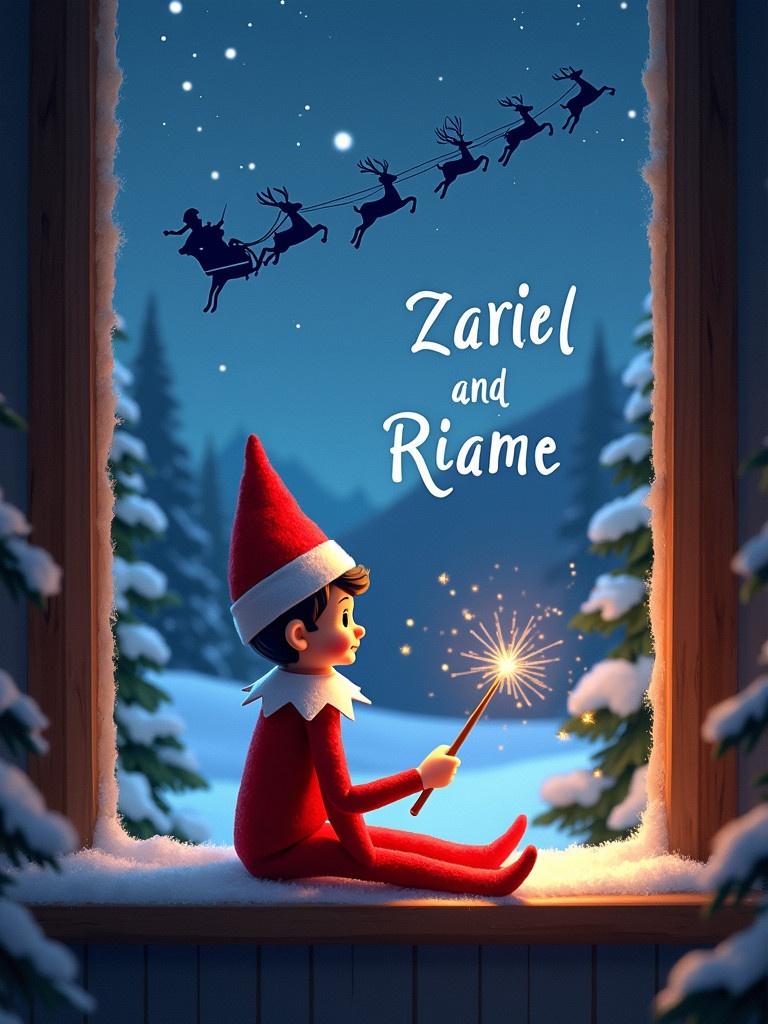 An enchanting scene featuring an Elf on the Shelf sitting by a window. The elf is joyfully using a wand to create sparkles in the night sky. The names Zariel and Riame are being written in the sky. Santa’s silhouette can be seen in a sleigh with reindeer flying across a snowy landscape. The warm glow from the window adds a magical touch.