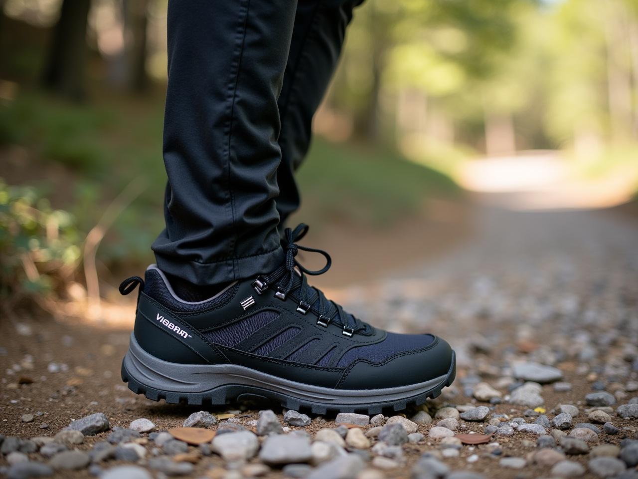 A man is standing outdoors on a rocky trail. He is wearing a pair of fitted dark pants and a lightweight jacket. On his left foot, a sleek black hiking shoe is securely laced up, showcasing its rugged design and Vibram sole. The shoe contrasts against the natural surroundings, emphasizing its durability for outdoor activities. Sunlight filters through the trees, illuminating the trail ahead.