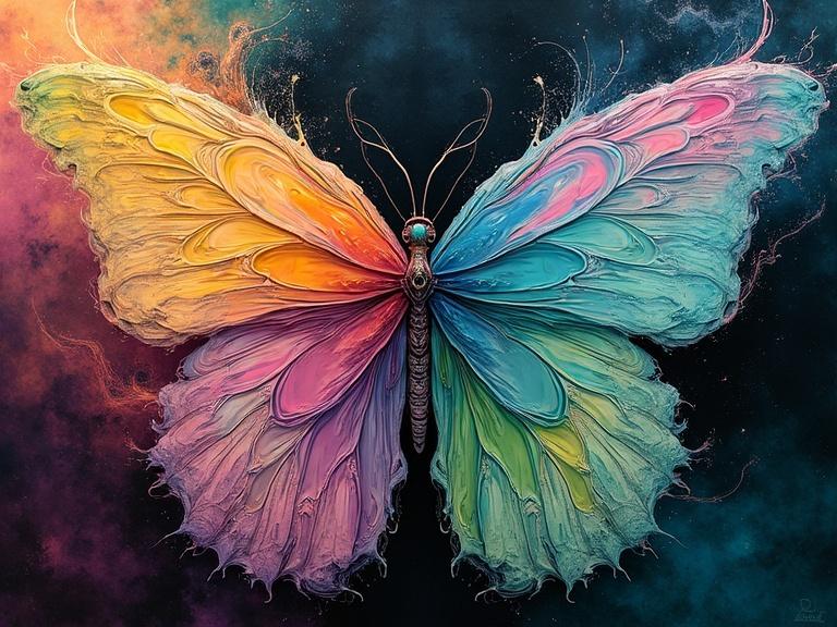 Image of a butterfly in abstract fluid art style. Features rich marbled textures and dynamic swirling patterns. Colors include yellow, green, blue, teal, pink, purple, magenta, red, emerald, sage green, black, white, and orange. Evokes a cosmic atmosphere with chaotic flow and organic movement.