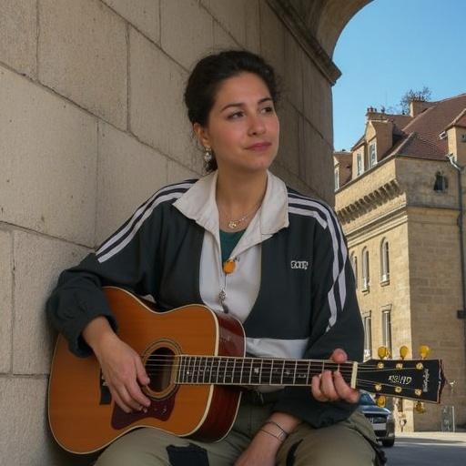 Woman playing acoustic guitar in a casual outdoor setting. The woman has a relaxed demeanor and is seated against a stone background. Natural light enhances the scene.